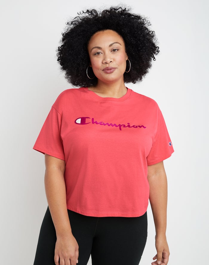 Champion Plus Cropped Script C Logo Kadın Tişört Mercan ( HIKYMA269 )